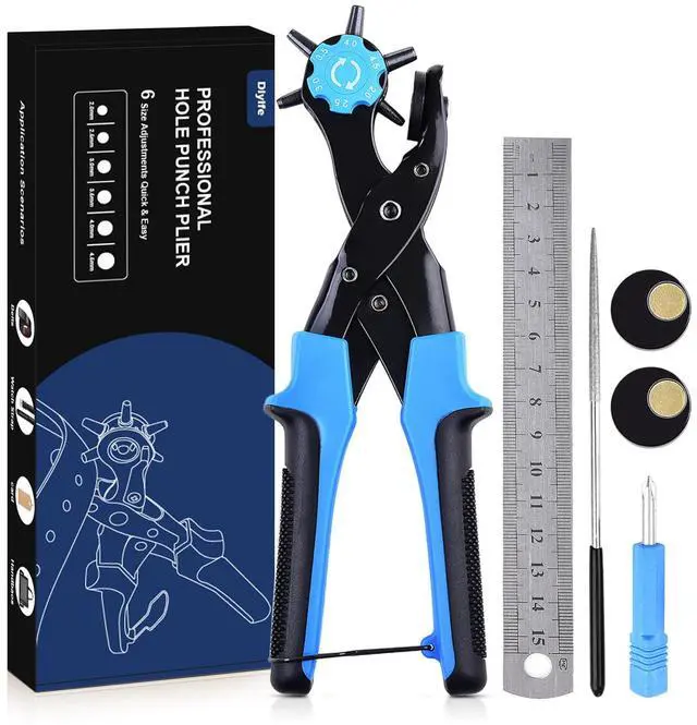 Main image of Diyife Professional Leather Hole Puncher, Full Set Punch Tool Kits for Belt, Watch Band, Shoe, Crafting, Handbag Straps, Fabric, with Extra Punch Plates and Ruler, Multi Hole Sizes Make - Blue