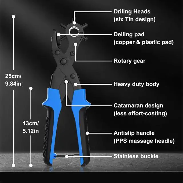 Alt view image 2 of 7 - Diyife Professional Leather Hole Puncher, Full Set Punch Tool Kits for Belt, Watch Band, Shoe, Crafting, Handbag Straps, Fabric, with Extra Punch Plates and Ruler, Multi Hole Sizes Make - Blue