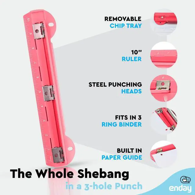 Alt view image 3 of 7 - 3 Hole Punch Pink, Portable Hole Puncher for 3 Ring Binder, 3 Sheets Capacity, Removable Chip Tray, 10 Ruler for School, Office, Also Available in Purple, Blue, Green, Red, Grey, 1 Pc-by Enday