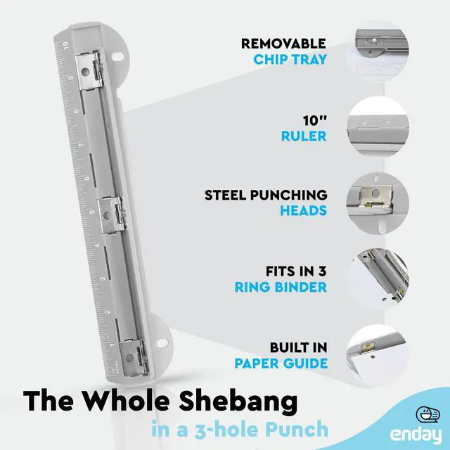 Alt view image 3 of 7 - 3 Hole Punch Grey, Portable Hole Puncher for 3 Ring Binder, 3 Sheets Capacity, Removable Chip Tray, 10 Ruler for School, Office, Also Available in Purple, Blue, Green, Red, Pink, 1 Pc-by Enday