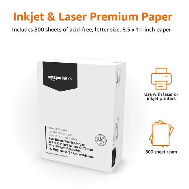 Alt view image 4 of 5 - Multipurpose Copy Printer Paper, 8.5 x 11 Inches, 24 lb Weight, 97 Brightness, White, 800 Sheets (1 Mega Ream), for Inkjet and Laser, Copy & Print