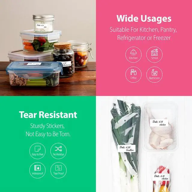 Alt view image 6 of 7 - 1000 Removable Food Labels, Water/Oil/Tear Resistant Blank Stickers with Perforation Line for Food Containers, Freezer, Fridge, Jars, Pantry, Organization (1 x 2)