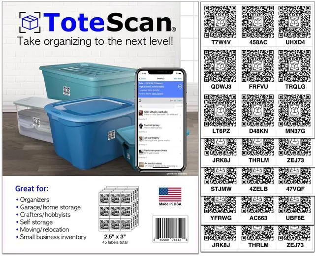 Main image of ToteScan Intelligent QR Labels for Organization/Moving/Storage (45 Unique Labels, 2.5"x3")