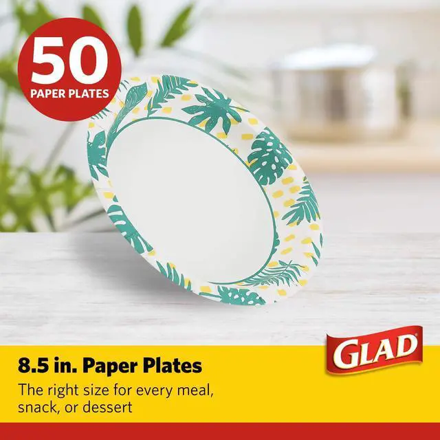Alt view image 2 of 7 - Round Decorative Disposable Paper Plates, Palm Leaves Pattern, Soak Proof, Cut Resistant, Microwave Safe Dinner Plates for Everyday Meals, Parties, and Picnics, 8.5 Inch, 50 Count
