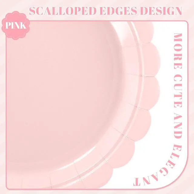 Alt view image 3 of 7 - NatNarr 30 Pcs Pink Paper Plates 9 Inch Scalloped Pink Plates Cute Dessert Cake Party Plate for Girls Birthday, Baby Bridal Shower, Wedding
