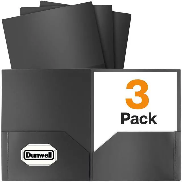 Main image of Dunwell Plastic Folders with Pockets (Black, 3 Pack), 2 Pocket Poly Folders for School, Home or Office, Durable Acid-Free Poly, Includes Removable Adhesive Labels