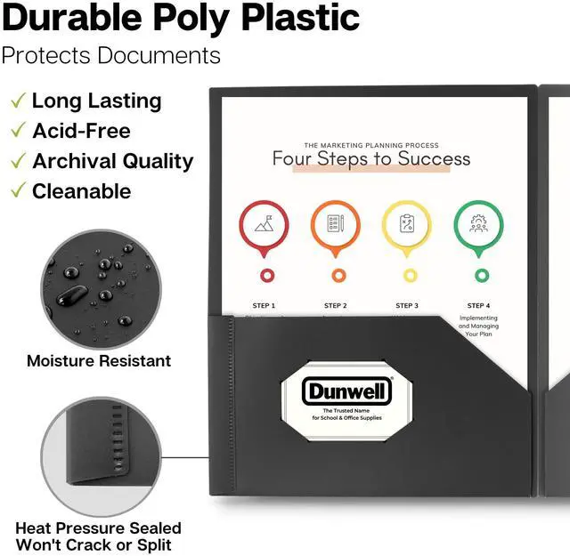 Alt view image 2 of 7 - Dunwell Plastic Folders with Pockets (Black, 3 Pack), 2 Pocket Poly Folders for School, Home or Office, Durable Acid-Free Poly, Includes Removable Adhesive Labels