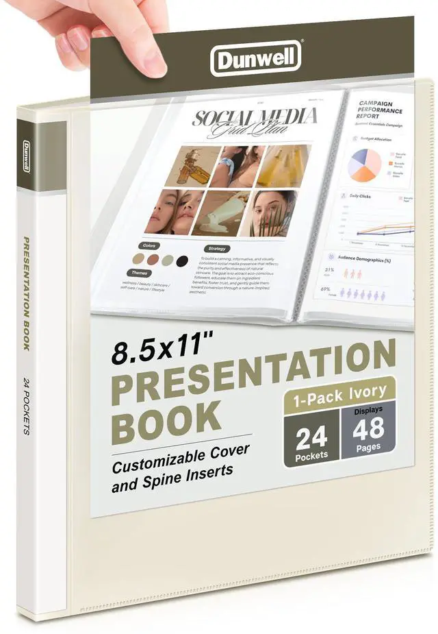 Main image of Dunwell Presentation Binder 24-Pocket, Displays 48 Pages, 8.5x11 Portfolio Binder with Plastic Sleeves, Storage and Organizer for Documents, Certificates, Projects, Photos (Ivory)