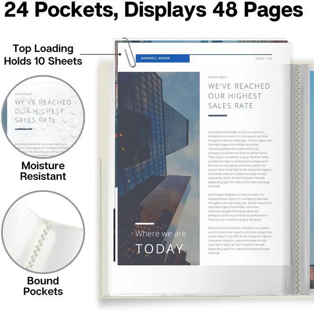 Alt view image 3 of 7 - Dunwell Presentation Binder 24-Pocket, Displays 48 Pages, 8.5x11 Portfolio Binder with Plastic Sleeves, Storage and Organizer for Documents, Certificates, Projects, Photos (Ivory)