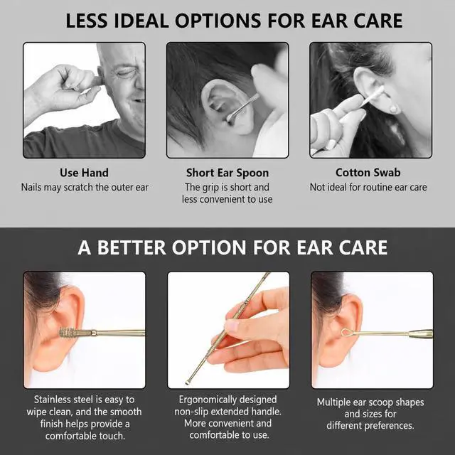 Alt view image 2 of 7 - Hion 6 Pcs Extended Ear Wax Removal Kit,Professional Double-Headed Ear Pick Earwax Removal Tools,316L Stainless Steel Ear Cleaner Curette with Cleaning Brush and Storage Box,Suit for Kid Adult(Gold)