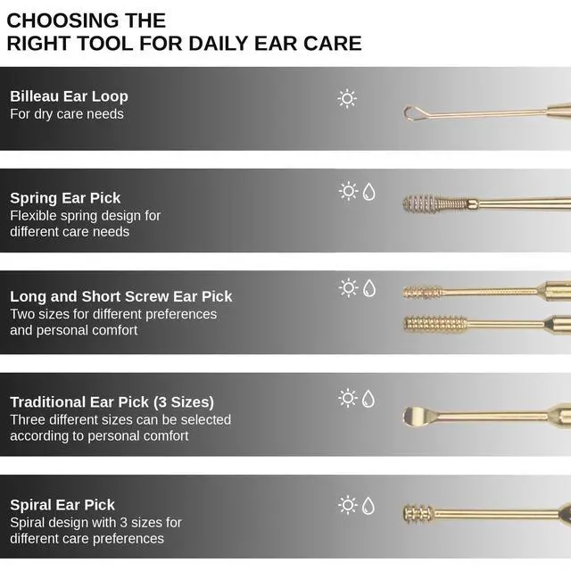 Alt view image 3 of 7 - Hion 6 Pcs Extended Ear Wax Removal Kit,Professional Double-Headed Ear Pick Earwax Removal Tools,316L Stainless Steel Ear Cleaner Curette with Cleaning Brush and Storage Box,Suit for Kid Adult(Gold)