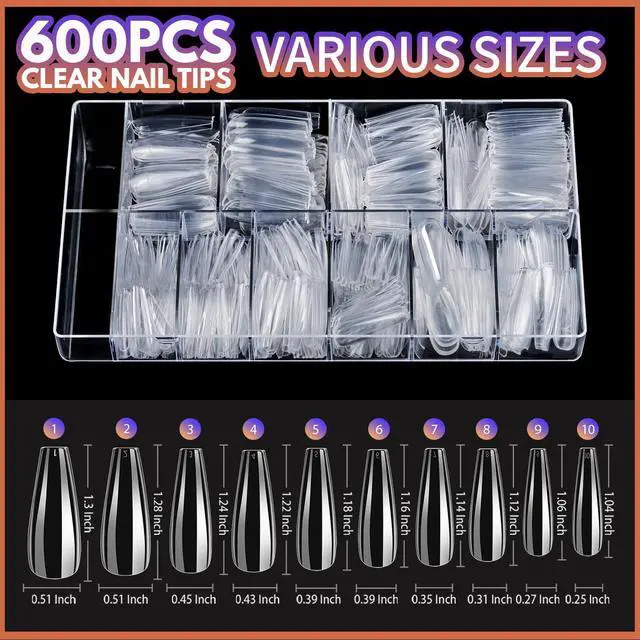 Alt view image 2 of 7 - Teenitor Clear Coffin Nail Tips Set, Long Acrylic Nail Kit Full Cover Clear Press On Nails, 600 Pcs Fake Nails with Glue, Acrylic Nail Clipper Files and Buffer Polisher