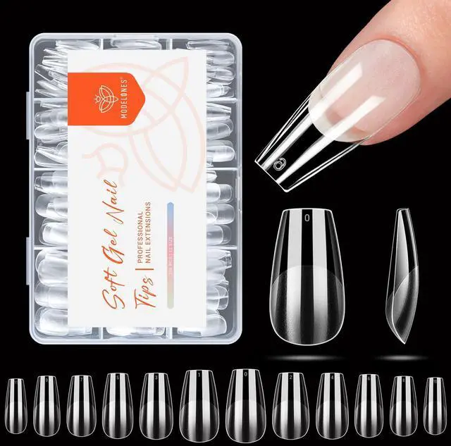Main image of modelones Medium Coffin Nail Tips, Pre-shaped Soft Gel Tips Fake Nails False Acrylic Clear Full Cover Press on Extension Kit Gel Manicure DIY at Home 216PCS 12Sizes