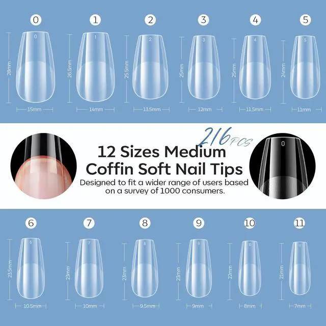 Alt view image 5 of 7 - modelones Medium Coffin Nail Tips, Pre-shaped Soft Gel Tips Fake Nails False Acrylic Clear Full Cover Press on Extension Kit Gel Manicure DIY at Home 216PCS 12Sizes