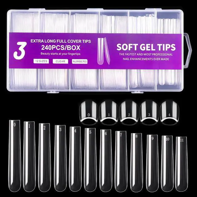 Main image of 3XL Square Nail Tips, 240PCS Clear Full Cover Artificial False Nails Tips, Extra Long Square No C Curve Acrylic Nail Tips, XXXL Tapered Fake Nails for Salons Home DIY Nail Art 12 Sizes