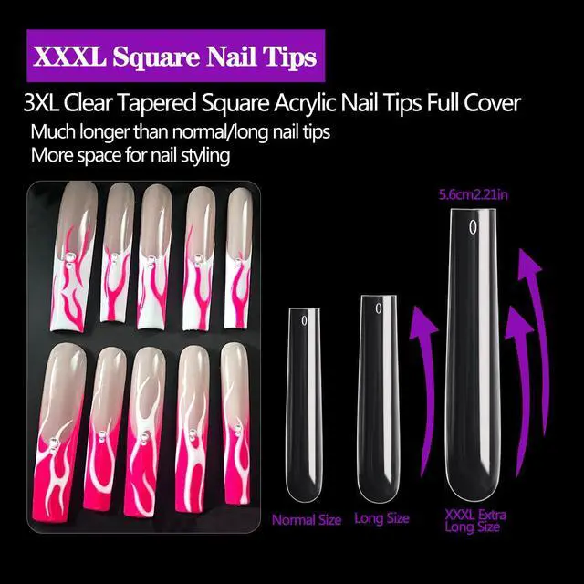 Alt view image 2 of 7 - 3XL Square Nail Tips, 240PCS Clear Full Cover Artificial False Nails Tips, Extra Long Square No C Curve Acrylic Nail Tips, XXXL Tapered Fake Nails for Salons Home DIY Nail Art 12 Sizes