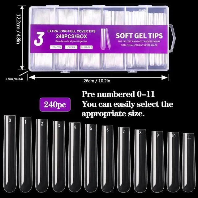 Alt view image 6 of 7 - 3XL Square Nail Tips, 240PCS Clear Full Cover Artificial False Nails Tips, Extra Long Square No C Curve Acrylic Nail Tips, XXXL Tapered Fake Nails for Salons Home DIY Nail Art 12 Sizes