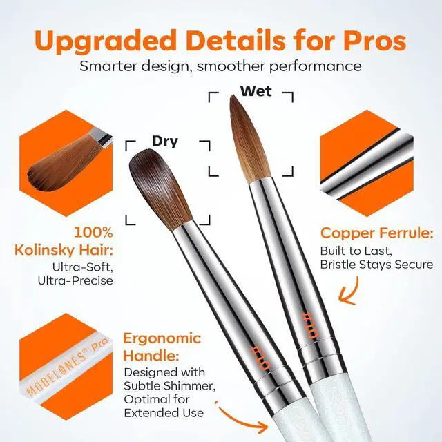 Alt view image 4 of 7 - Modelones Pro Luxe Acrylic Nail Brush, 100% Pure Kolinsky Sable Hair Size 10 Oval Crimped Shaped Sturdy Ergonomic Handle for Acrylic Powder Sculpting Nail Art Brushes Professional Salon DIY Use