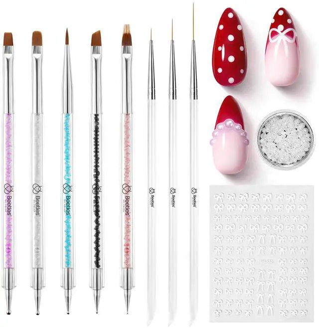Main image of Beetles Nail Art Brushes 8pcs Crystal Nail Art Tools Double-headed Nails Dotting Tool, Striping Liner Brushes for Nails with Pearls Bowknot Stickers, DIY Home Salon Manicure Design Tools