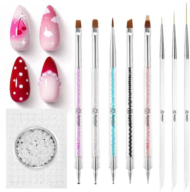Alt view image 7 of 7 - Beetles Nail Art Brushes 8pcs Crystal Nail Art Tools Double-headed Nails Dotting Tool, Striping Liner Brushes for Nails with Pearls Bowknot Stickers, DIY Home Salon Manicure Design Tools