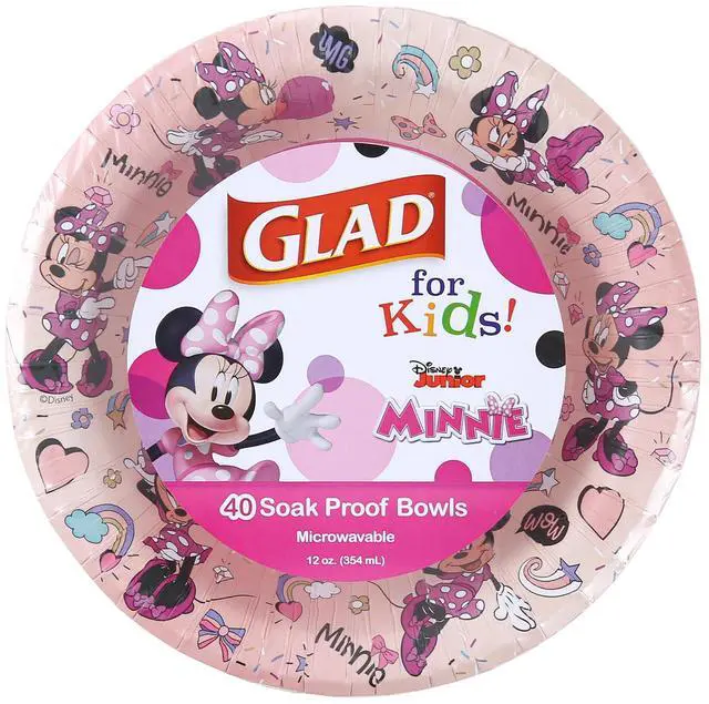 Main image of Glad for Kids Disney Mickey and Friends Disposable Paper Bowls, Pink Minnie - Heavy Duty, Soak-Proof, Microwavable Kid-Friendly Snack Bowls for Everyday Use, 12 Ounce, 40 Count