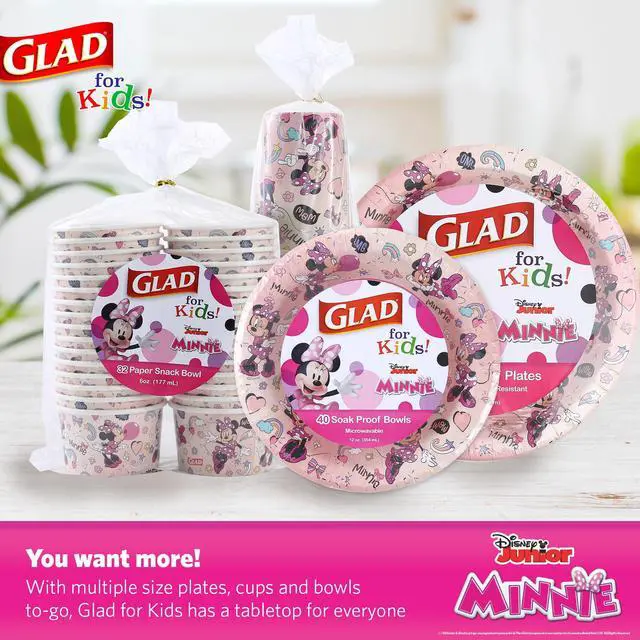 Alt view image 6 of 6 - Glad for Kids Disney Mickey and Friends Disposable Paper Bowls, Pink Minnie - Heavy Duty, Soak-Proof, Microwavable Kid-Friendly Snack Bowls for Everyday Use, 12 Ounce, 40 Count