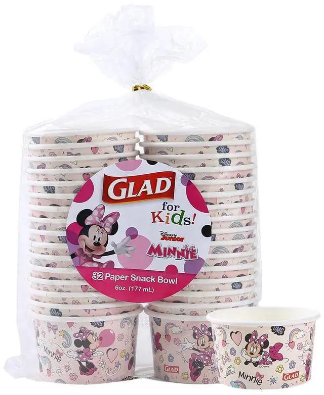 Main image of Glad for Kids Disney Mickey and Friends Disposable Paper Snack Bowls, Lids Not Included, Pink Minnie - Heavy Duty, Microwavable Snack Cups for Soup or Ice Cream, No Lids, 6 Ounce, 32 Count