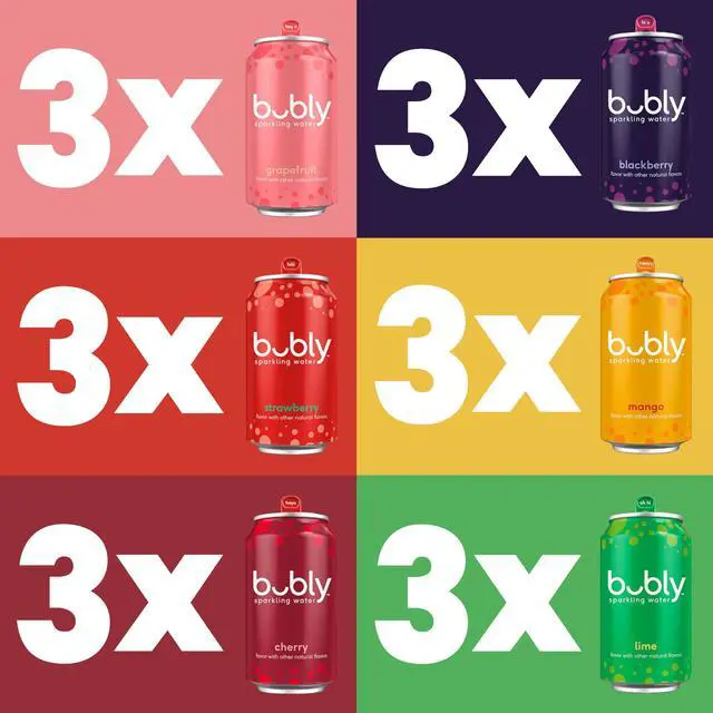 Alt view image 2 of 6 - bubly Sparkling Water, 6 Flavor Variety Pack (Blackberry, Lime, Cherry, Grapefruit, Strawberry, Mango), Zero Sugar & Zero Calories, Seltzer Water, 12 Fl Oz Cans (Pack of 18)