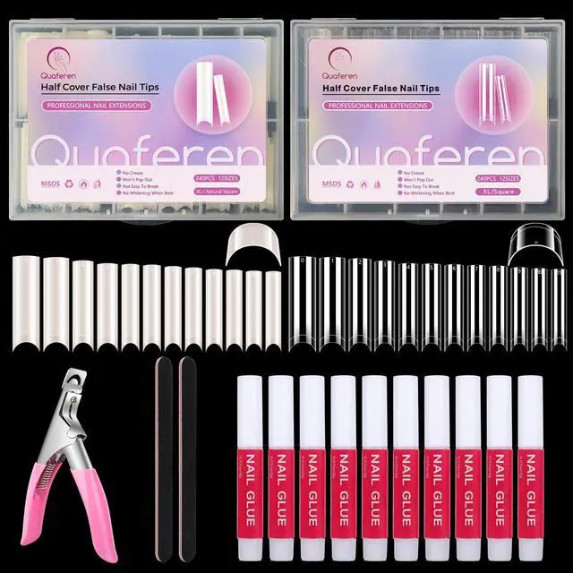 Main image of 480PCS Extra Long C Curve Nail Tips and Glue, 2 Packs Natural and Clear Acrylic for Nails Professional Set, 12 Sizes Artificial Straight Square French False Nail Tips