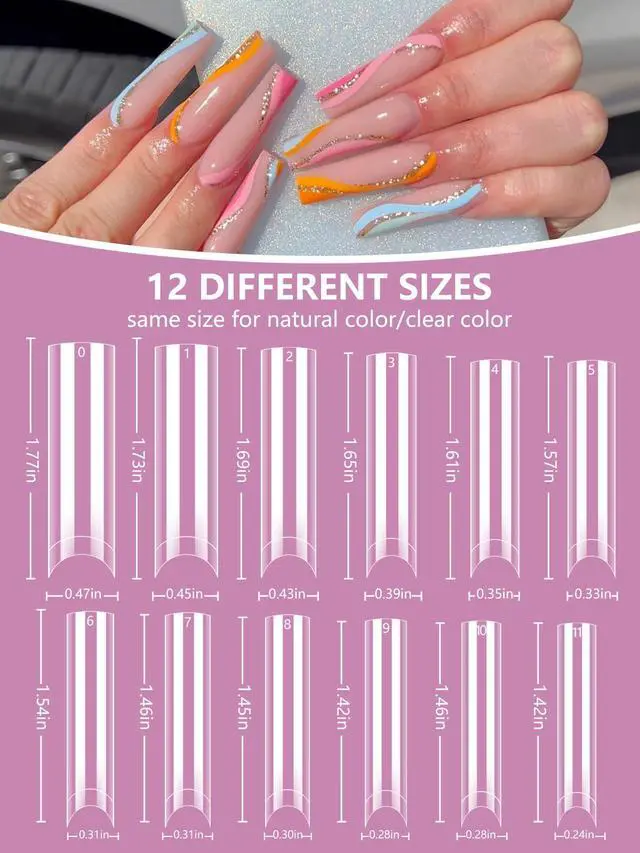 Alt view image 4 of 6 - 480PCS Extra Long C Curve Nail Tips and Glue, 2 Packs Natural and Clear Acrylic for Nails Professional Set, 12 Sizes Artificial Straight Square French False Nail Tips