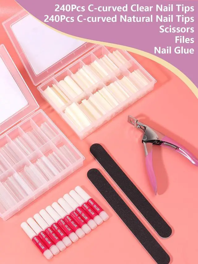 Alt view image 6 of 6 - 480PCS Extra Long C Curve Nail Tips and Glue, 2 Packs Natural and Clear Acrylic for Nails Professional Set, 12 Sizes Artificial Straight Square French False Nail Tips