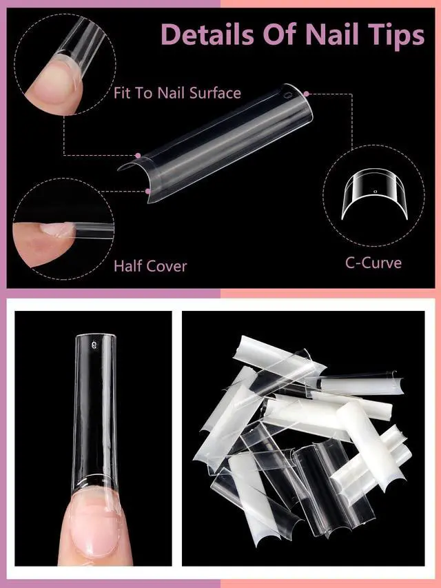 Alt view image 3 of 6 - 480PCS Extra Long C Curve Nail Tips and Glue, 2 Packs Natural and Clear Acrylic for Nails Professional Set, 12 Sizes Artificial Straight Square French False Nail Tips