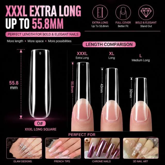 Alt view image 4 of 7 - Long Square Nail Tips,Pre-Etched Full Cover Soft Gel Nail Tips