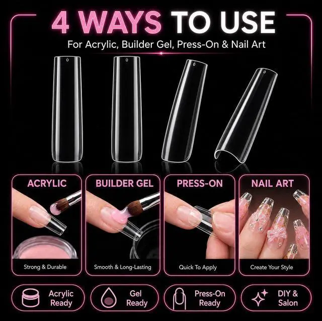 Alt view image 6 of 7 - Long Square Nail Tips,Pre-Etched Full Cover Soft Gel Nail Tips