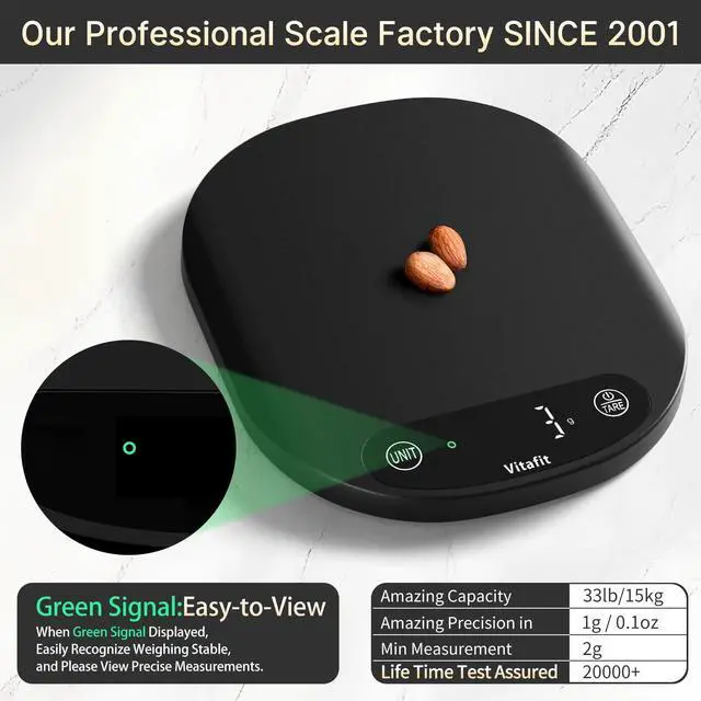 Alt view image 2 of 7 - Vitafit 33lb/15kg Digital Food Scale in High Precision 0.1oz/1g, Our Own Kitchen Scale Professional Factory Since 2001, Home and Kitchen Essentials for Cooking and Baking, LED, 3*AAA Batteries, Black