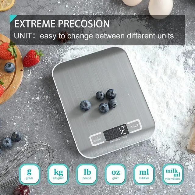 Alt view image 3 of 7 - Digital Kitchen Scale,Food Scale for Meat Baking Weight,Unit Gram OZ lb Up 11 lb(1g-5KG),Silver Stainless Steel Anti-Fingerprint with Accuracy LCD Display for Cooking White(Include AAA Battery)