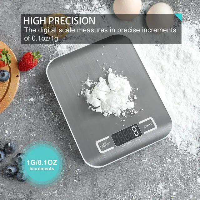Alt view image 2 of 7 - Digital Kitchen Scale,Food Scale for Meat Baking Weight,Unit Gram OZ lb Up 11 lb(1g-5KG),Silver Stainless Steel Anti-Fingerprint with Accuracy LCD Display for Cooking White(Include AAA Battery)