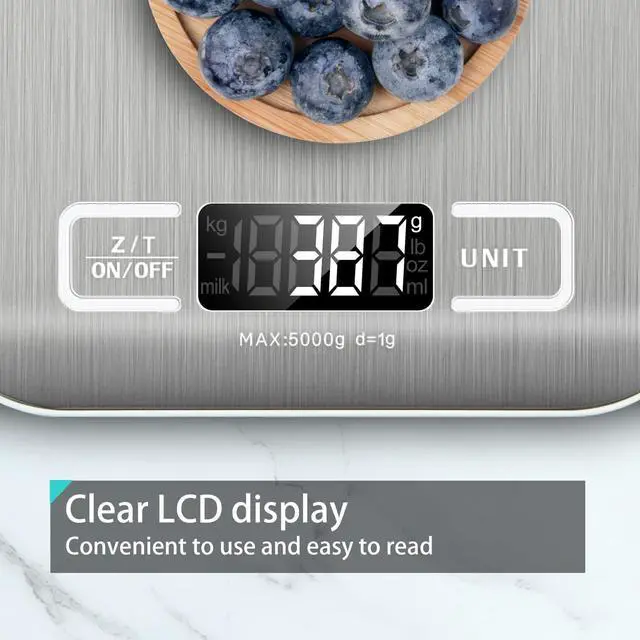 Alt view image 4 of 7 - Digital Kitchen Scale,Food Scale for Meat Baking Weight,Unit Gram OZ lb Up 11 lb(1g-5KG),Silver Stainless Steel Anti-Fingerprint with Accuracy LCD Display for Cooking White(Include AAA Battery)