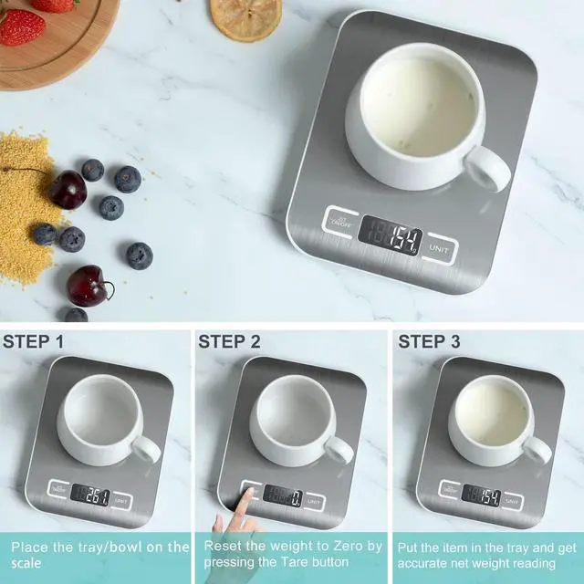 Alt view image 5 of 7 - Digital Kitchen Scale,Food Scale for Meat Baking Weight,Unit Gram OZ lb Up 11 lb(1g-5KG),Silver Stainless Steel Anti-Fingerprint with Accuracy LCD Display for Cooking White(Include AAA Battery)