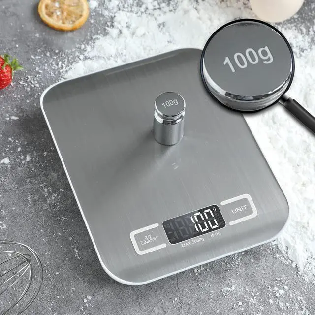 Alt view image 6 of 7 - Digital Kitchen Scale,Food Scale for Meat Baking Weight,Unit Gram OZ lb Up 11 lb(1g-5KG),Silver Stainless Steel Anti-Fingerprint with Accuracy LCD Display for Cooking White(Include AAA Battery)