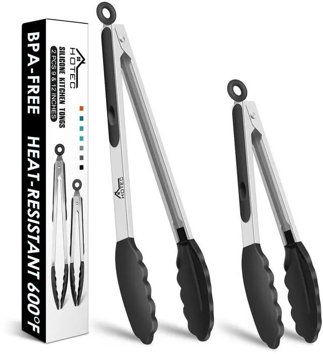 Main image of HOTEC Premium Stainless Steel Locking Kitchen Tongs with Silicon Tips, Set of 2-9" and 12"