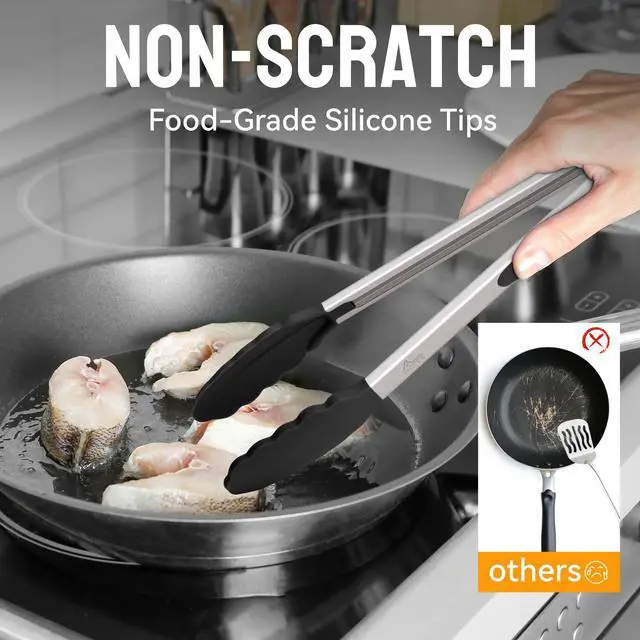 Alt view image 3 of 7 - HOTEC Premium Stainless Steel Locking Kitchen Tongs with Silicon Tips, Set of 2-9" and 12"