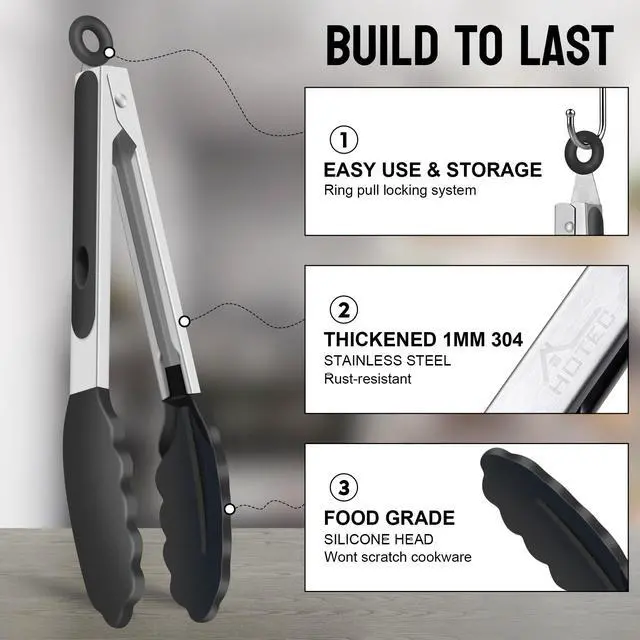 Alt view image 5 of 7 - HOTEC Premium Stainless Steel Locking Kitchen Tongs with Silicon Tips, Set of 2-9" and 12"