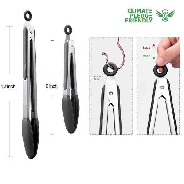 Alt view image 7 of 7 - HOTEC Premium Stainless Steel Locking Kitchen Tongs with Silicon Tips, Set of 2-9" and 12"