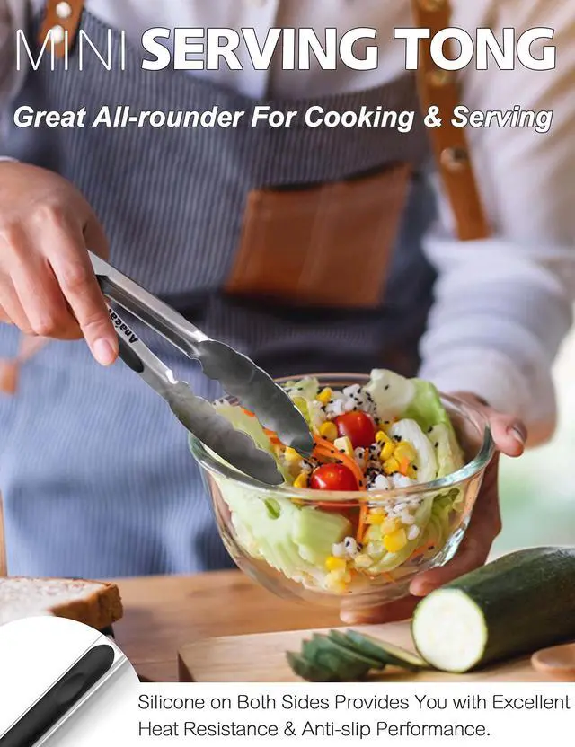 Alt view image 2 of 7 - Anaeat 7" Mini Cooking Tong Stainless Steel - Sturdy Coiled Spring Locking Kitchen Food Tong with Non-Slip Silicone Grip for Serving, Cooking, Baking - Heat Resistant up to 480°F (Black)