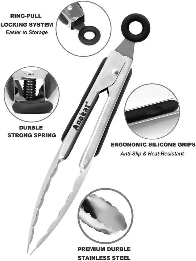 Alt view image 5 of 7 - Anaeat 7" Mini Cooking Tong Stainless Steel - Sturdy Coiled Spring Locking Kitchen Food Tong with Non-Slip Silicone Grip for Serving, Cooking, Baking - Heat Resistant up to 480°F (Black)