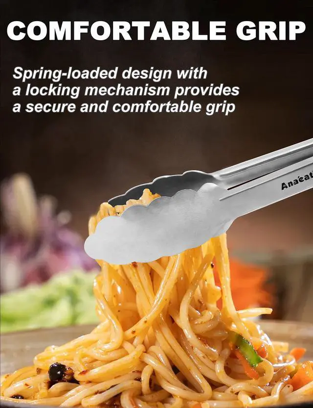 Alt view image 7 of 7 - Anaeat 7" Mini Cooking Tong Stainless Steel - Sturdy Coiled Spring Locking Kitchen Food Tong with Non-Slip Silicone Grip for Serving, Cooking, Baking - Heat Resistant up to 480°F (Black)
