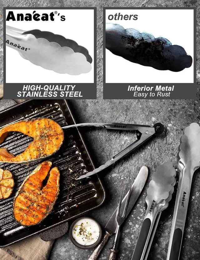 Alt view image 4 of 7 - Anaeat 7" Mini Cooking Tong Stainless Steel - Sturdy Coiled Spring Locking Kitchen Food Tong with Non-Slip Silicone Grip for Serving, Cooking, Baking - Heat Resistant up to 480°F (Black)