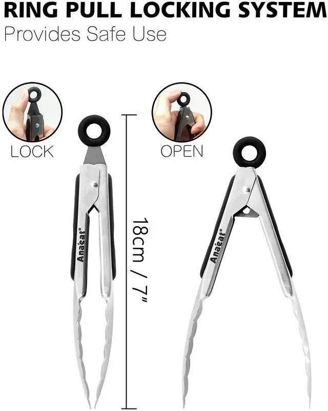 Alt view image 6 of 7 - Anaeat 7" Mini Cooking Tong Stainless Steel - Sturdy Coiled Spring Locking Kitchen Food Tong with Non-Slip Silicone Grip for Serving, Cooking, Baking - Heat Resistant up to 480°F (Black)