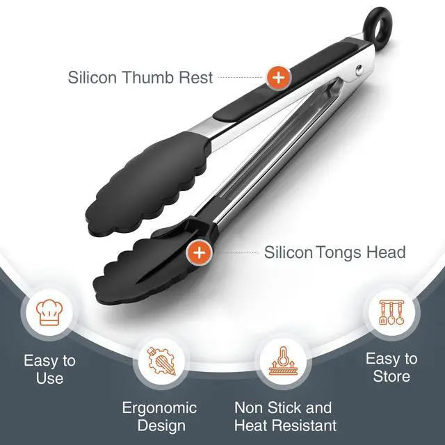 Alt view image 2 of 7 - Tribal Cooking Kitchen Tongs with Silicone Tips - Stainless Steel tongs for cooking - 9" and 12" Tongs With Silicone Rubber Non Slip Grips, Heat Resistant Metal Tongs.